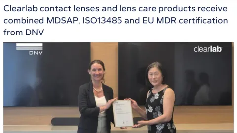 Clearlab Earns MDSAP, ISO 13485 and EU MDR Certifications for Contact Lenses