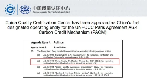 CQC Becomes First Chinese Body Approved for Paris Agreement Carbon Credit Mechanism