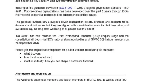 ISO 37011 Webinars on Purpose-Driven Organizations Set for September 22 and 23
